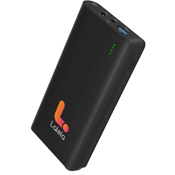 Laptop UPS Powerbank Input voltage 294V DC Output: 5V 12V 19V 12 x laptop charger connectors USB-A and USB-C Li-ION 'LALELA 64750mW battery Warranty 1 year
